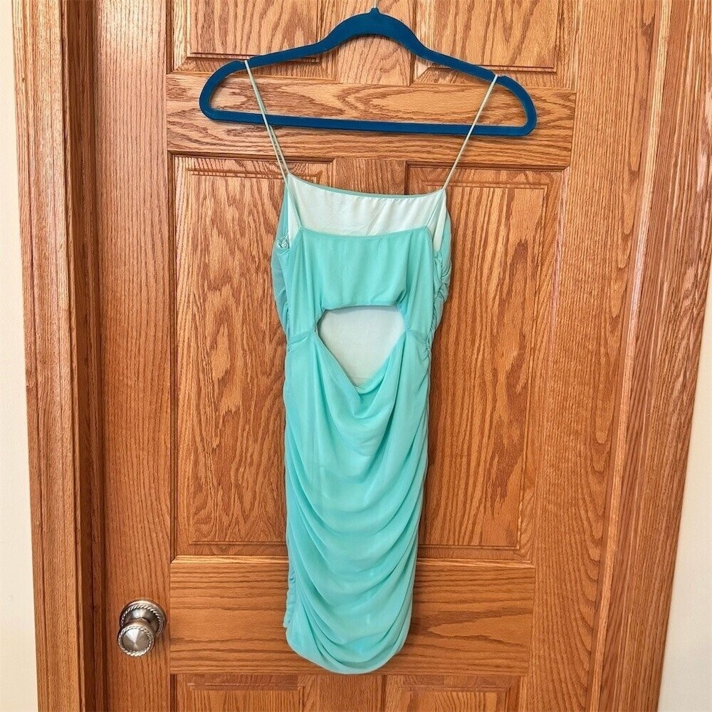 Hello Molly Dress Womens AU 10 US 6 Small Green Ruched Bodycon Mini Open Back - Picture 2 of 9